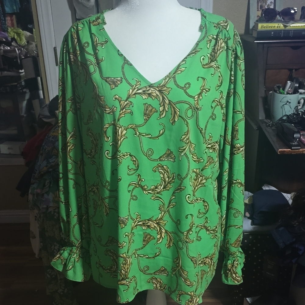 Belle by Kim Gravel Green and Gold Ruffled Blouse